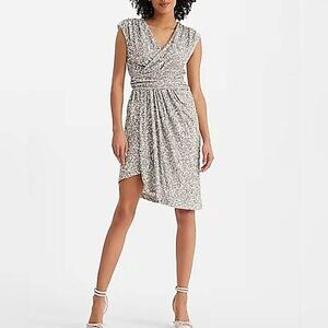 Express Sequin Draped V-Neck Cap Sleeve Mini Sheath Dress in Silver, Size Medium